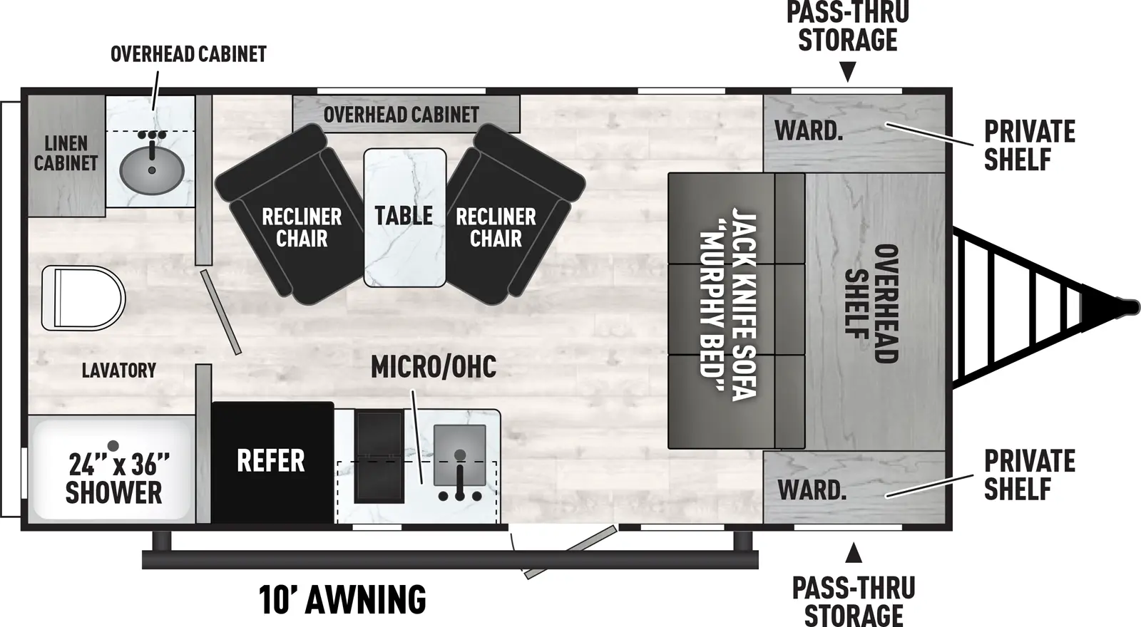 The Clipper Travel Trailers 18FQ floorplan has one entry and zero slide outs. Exterior features include: metal exterior and 10' awning. Interiors features include: murphy bed and rear bathroom.